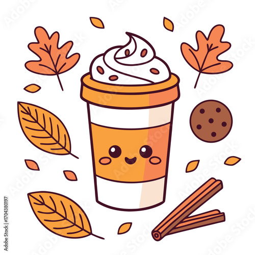 Kawaii fall drink with whipped topping sits amid leaves and cinnamon sticks on white
