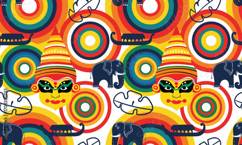 indian onam festival seamless background kathakali face elephant boat elements indian pattern