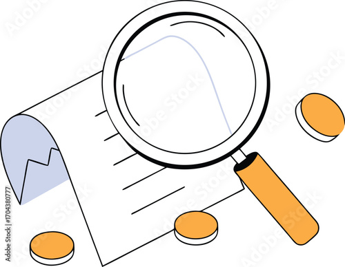 Magnifying glass inspecting shopping receipt and coins vector illustration for financial analysis