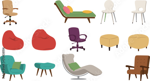 Seating furniture collection, cartoon chairs, modern lounge, office seat, bean bags, ottomans, sofa, vector illustration, interior, home decor