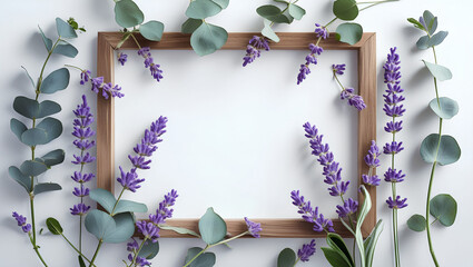A serene frame with soft green eucalyptus leaves and purple lavender sprigs on white. Mockup ideal for spa, wedding, or wellness branding.