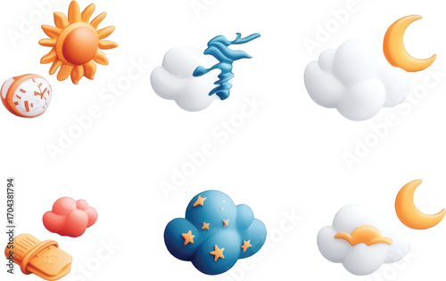 Collection of 3D Weather Icons Featuring Sun, Clouds, Moon, and Thermometer vector illustration