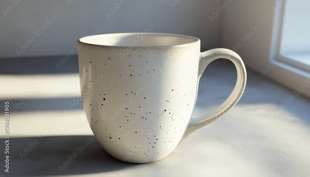 Obraz premium A speckled white ceramic mug with a curved handle sits on a windowsill, illuminated by sunlight streaming from a nearby window.