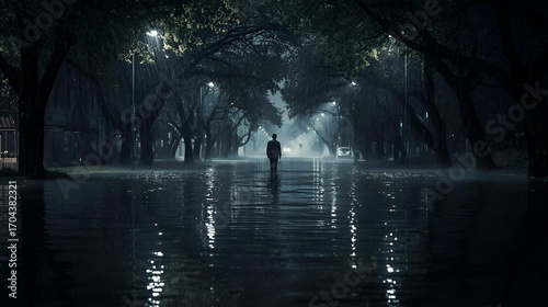 Rainy Night Path with Reflections