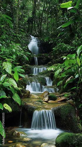 Wallpaper Mural Tropical rainforest waterfall cascading over mossy rocks and greenery high resolution picture Torontodigital.ca