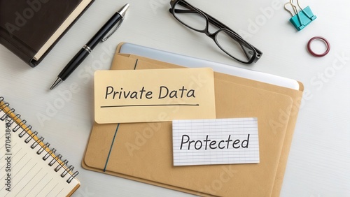 Private Data Protection Concept with Office Supplies on Table