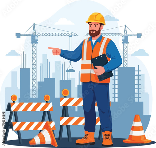 Vector art of construction worker pointing at a building site with cranes and barriers
