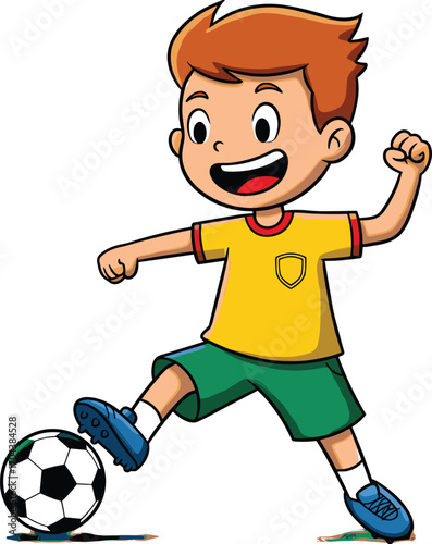 Art & IllustrationHappy cartoon boy playing soccer, kicking football on grass, smiling child athlete in sports uniform, outdoor activity, youth sport fun