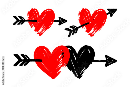 Sketched red and black hearts pierced by arrows, hand-drawn style, on a white background, concept of love, romance, and heartbreak
