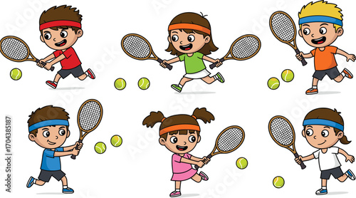 Art & IllustrationKids playing tennis cartoon illustration, children with rackets and tennis balls, fun sport activity, active lifestyle, outdoor exercise, healthy game