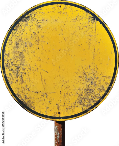 Old Yellow Circular Traffic Sign with Black Border and Rust Marks on a White Background road