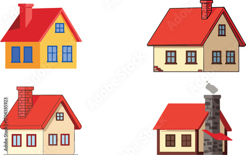 Cartoon house set, colorful homes, residential architecture, red roof design, chimney detail, vector illustration, cozy buildings, suburban style