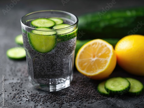 Refreshing Water with Cucumbers and Lemons Garnish