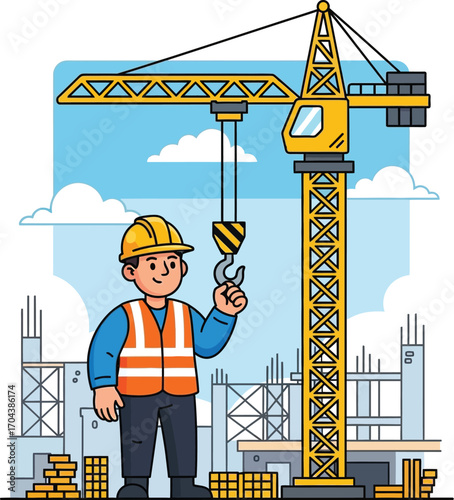 Vector art of construction worker with crane at building site