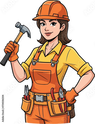 Vector art of female construction worker with hammer
