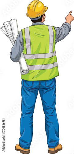 Vector art of construction worker pointing up with blueprints