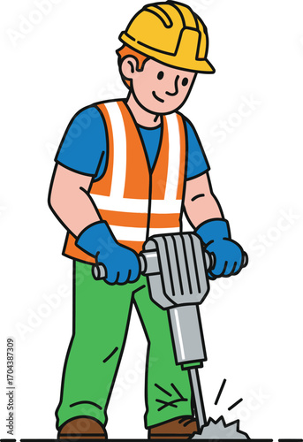 Vector art of construction worker using a jackhammer on the ground