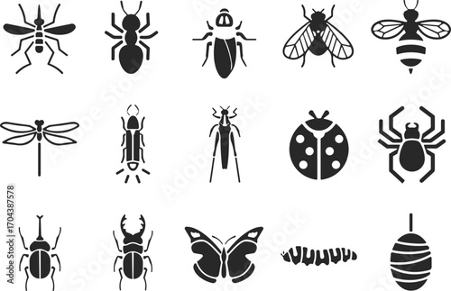 Insect silhouette icon set, arachnid vector grid, black white design, mosquito, beetle, butterfly, spider, bug collection, biology illustration
