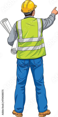 Vector art of construction worker in a safety vest holding blueprints and pointing