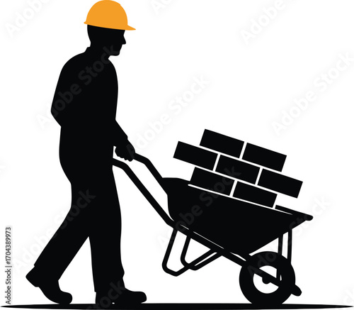 Vector art of silhouette of construction worker pushing wheelbarrow with bricks