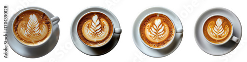 Four cups of cappuccino with latte art isolated on transparent background, showcasing the intricate designs and warm tones of the coffee beverages