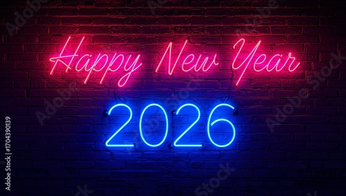 Vibrant neon Happy New Year 2026 sign glowing against a dark brick wall for modern holiday designs