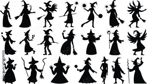 Witch silhouette icon set, magical poses, broomstick flying, spell casting, cauldron, wand, Halloween theme, black white art, fantasy design