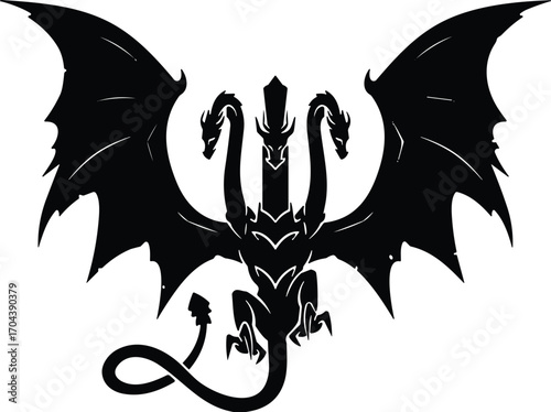 Three headed dragon silhouette, fantasy creature, mythical beast, black wings spread, aggressive posture, horns, spade tail, monster icon, powerful symbol