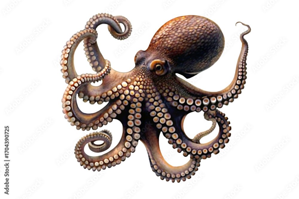 Obraz premium Brown octopus with curled tentacles and suckers on background Keywords: octopus, marine isolated on a transparent background
