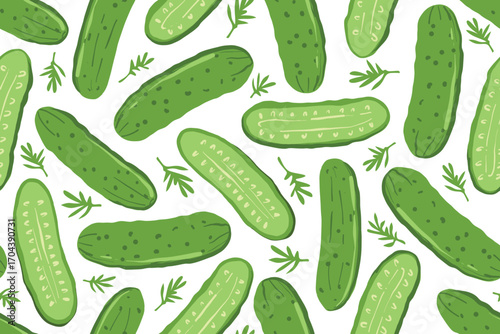 Cucumber seamless vector pattern. Flat vegetables whole and half on a white background. Natural pattern for fabric, paper, wallpaper