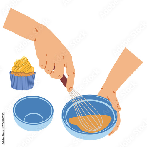 Human hands beating dough with wire whisk above vector illustration. Baking muffins recipe. Cooking healthy food by recipe, pie preparing