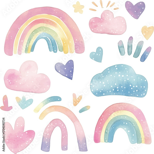 Watercolor rainbow and cloud elements with hearts and stars on a white background vector illustration