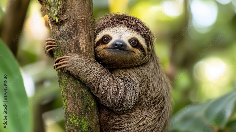 Fototapeta premium Close-up of a sloth clinging to a tree trunk.