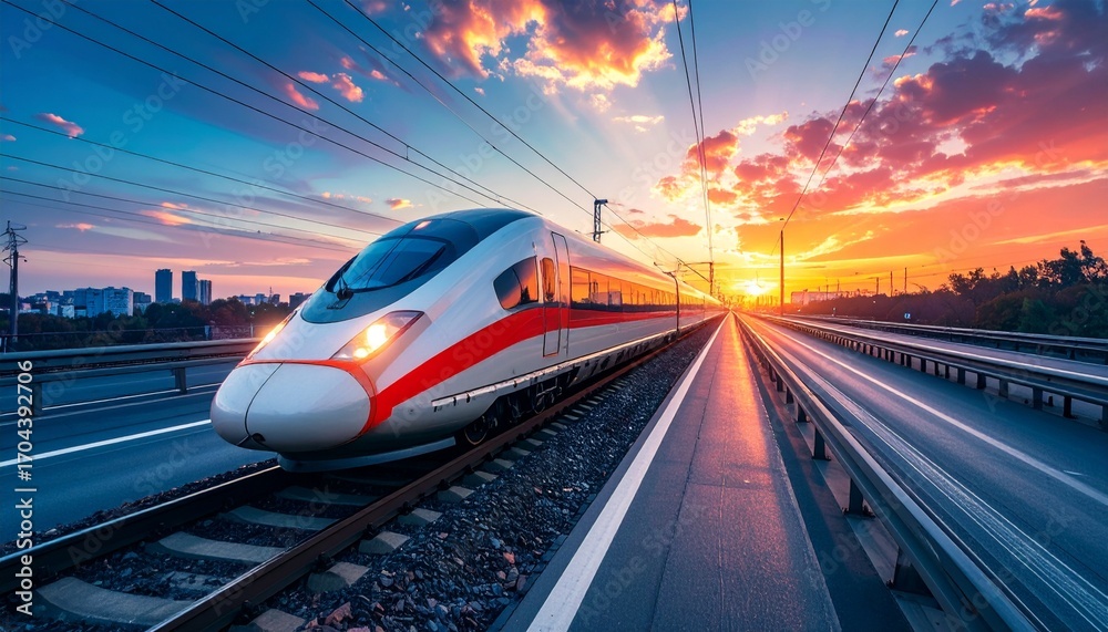 Fototapeta premium A high-speed train speeding down tracks toward a vivid sunset