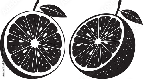 Two halves of a citrus fruit with leaves in a black and white silhouette