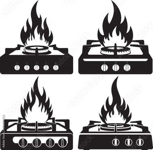 Four black gas stove burners with flames silhouette