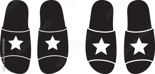Four black slippers with white stars and white trim on a white background silhouette