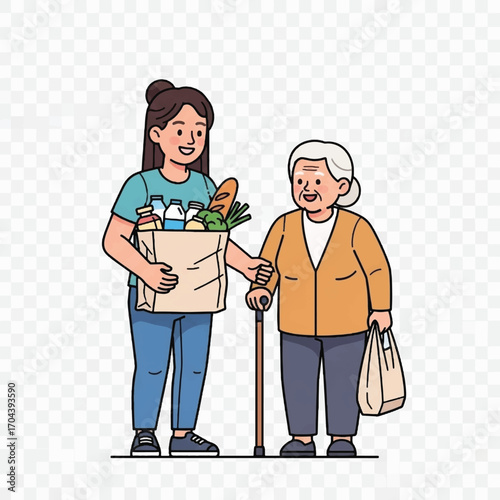 Young woman assisting elderly lady with groceries and walker