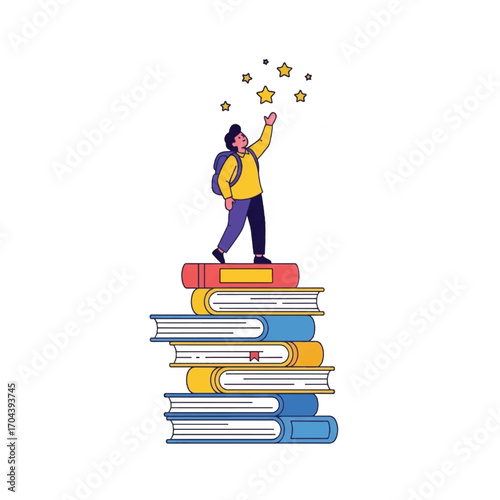 young student reaching for stars standing on books
