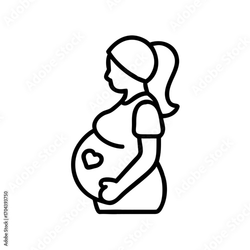 Pregnant woman holding belly and smiling in line art style  