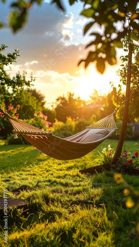 Relaxing hammock at sunset in a garden