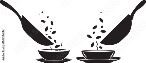 Two black silhouettes of spoons pouring coffee beans into cups silhouette