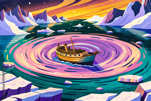 Whirlpool in icy Arctic ocean, broken icebergs trapping sinking shipwreck