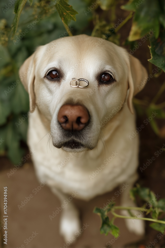 Obraz premium Dog with wedding rings on nose shows how valuable your relationships are. Adorable labrador posing with jewelry on his snout in a yard.