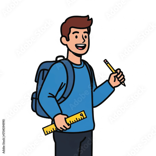 Young male student carrying backpack with ruler and pencil