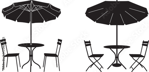 Outdoor cafe seating with umbrellas and chairs silhouette