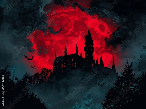 Mysterious gothic castle silhouetted against a fiery crimson sky with flying bats