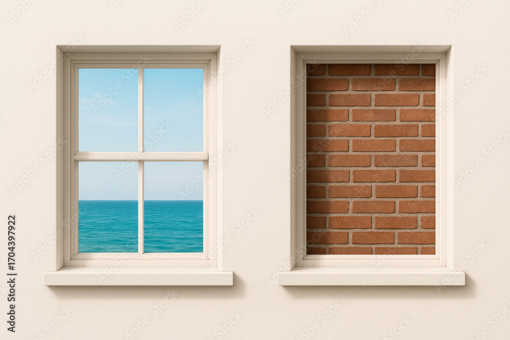 Fototapeta premium Window overlooking the sea and window with bricks.