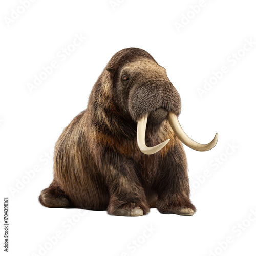 A large, seated mammoth, thick fur, tusks