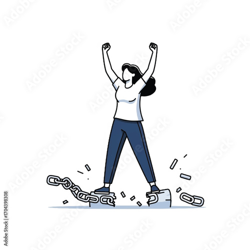 Woman Standing on Broken Chain Links Expressing Freedom